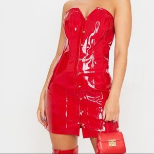 PLT: Red Vinyl Pin Detail Bandeau Dress